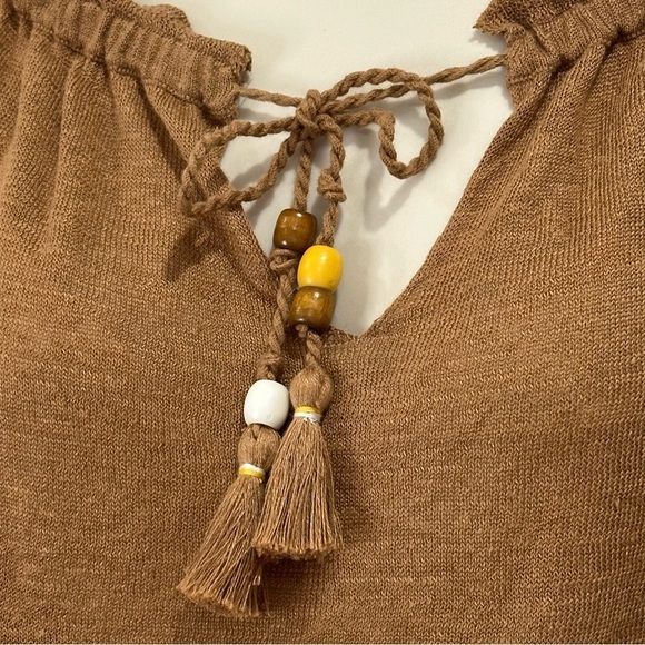 Sézane Pull Dolores Linen Blouse Brown XS Off Shoulder Boho Peasant Romantic - Picture 6 of 10